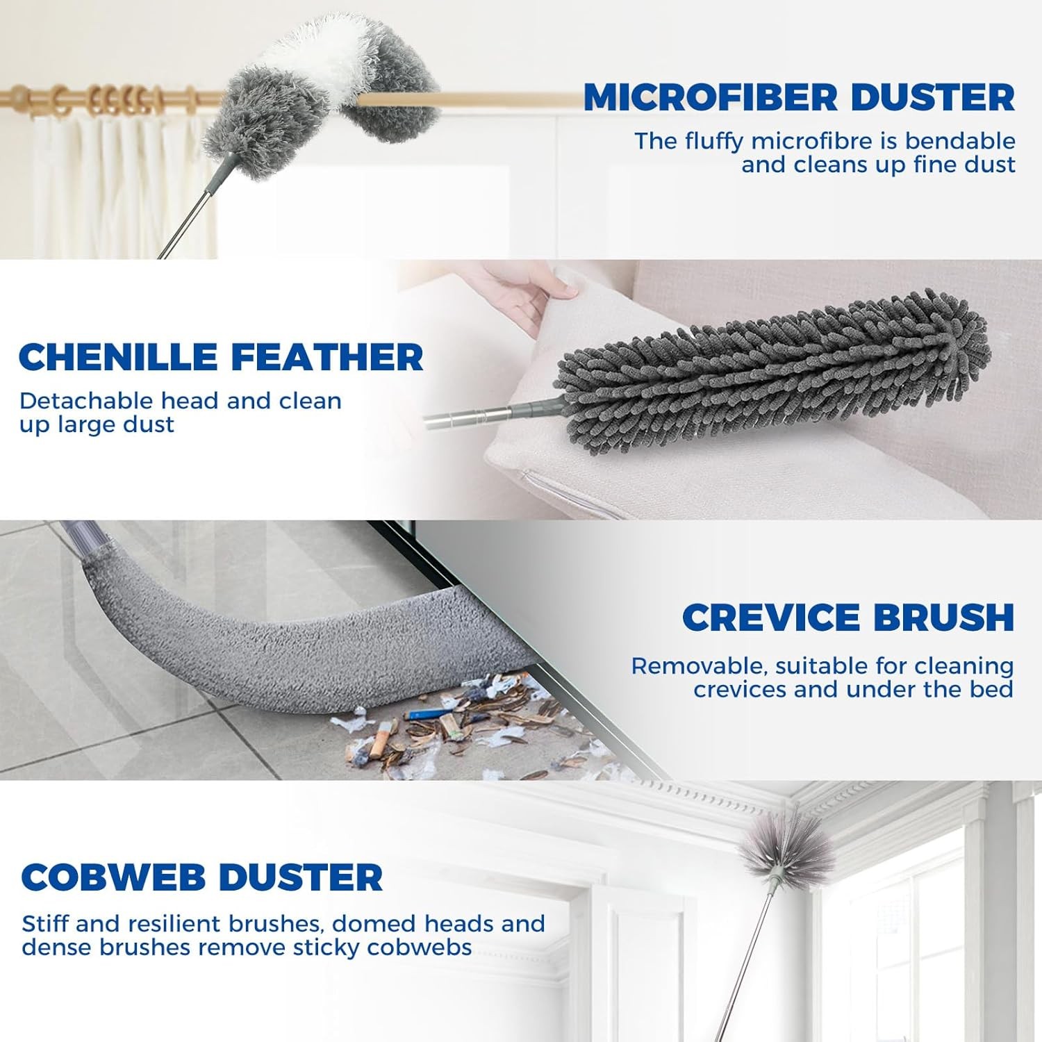9pcs Extendable Microfiber Duster Kit 100″ Retractable Bendable Cleaning Tools