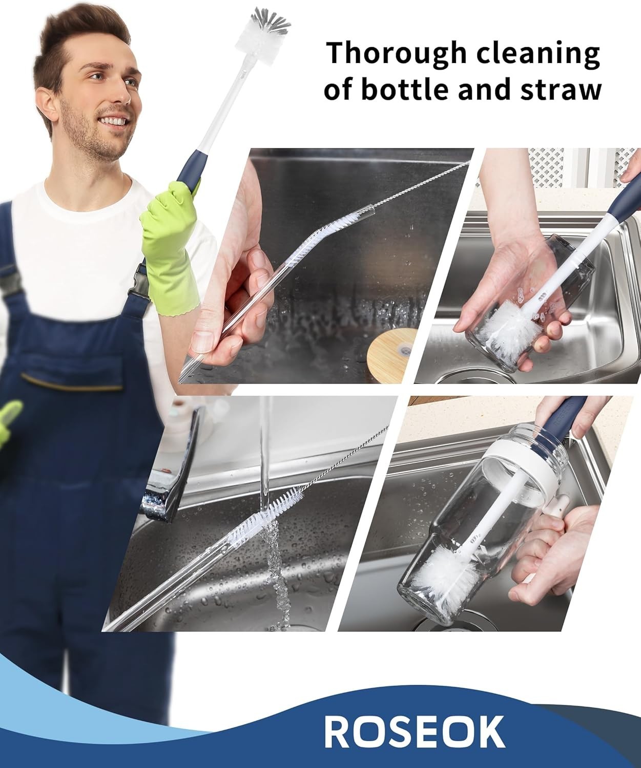 2 in 1 Long Handle Bottle Brush with Straw Brush for Cleaning Glass, Sports