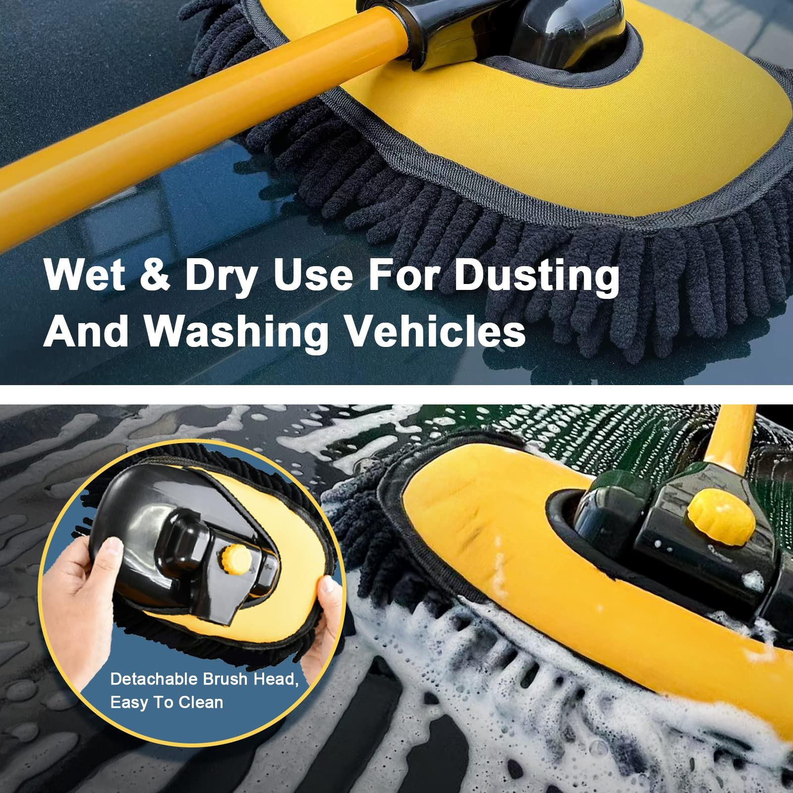 Car Wash Brush with Long Handle, Microfiber Car Wash Mop with Replaceable Che…