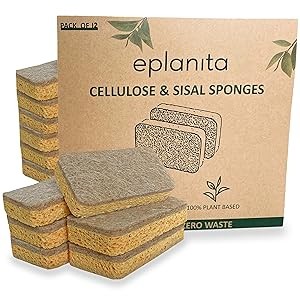 Natural Plant Based Scrub Sponges (12 Pack), Non-Scratch, Biodegradable Eco
