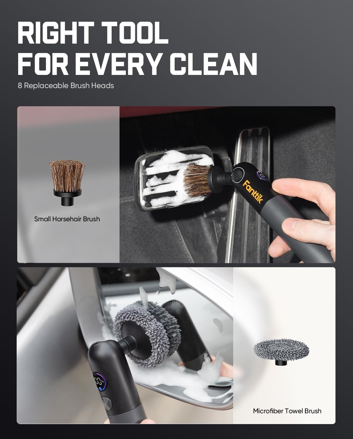 Cordless Electric Car Detailing Brush with 8 Heads, DualSpeed & Waterproof