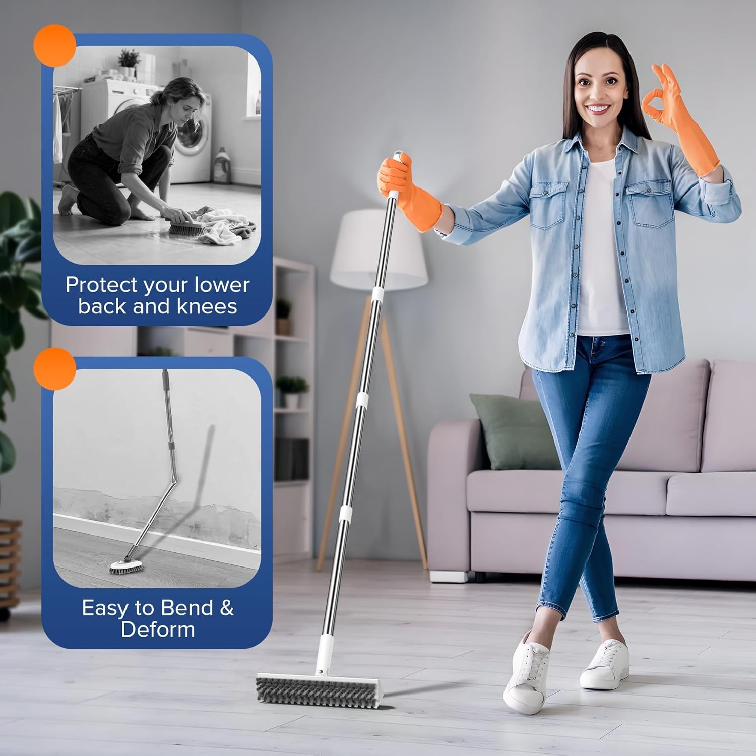 Grout Brush with Long Heavy Duty Handle, 180° Swivel Floor Scrub Brush, V-Shape