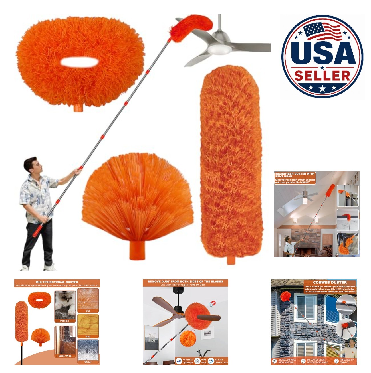 High Reach Cleaning Kit Duster 20 Ft Pole Microfiber Ceiling Fan Cobweb Feather