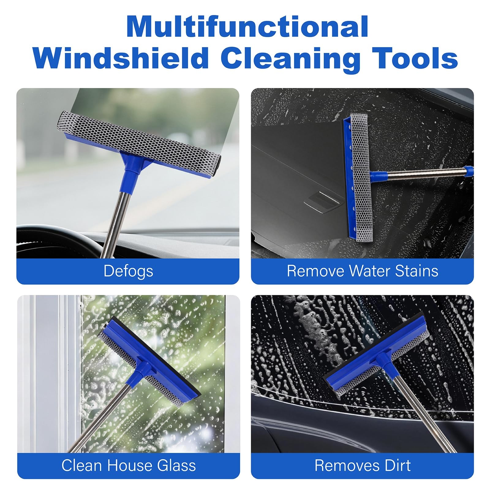 2in1 Car Windshield Cleaner with Squeegee, Sponge, and Retractable Handle