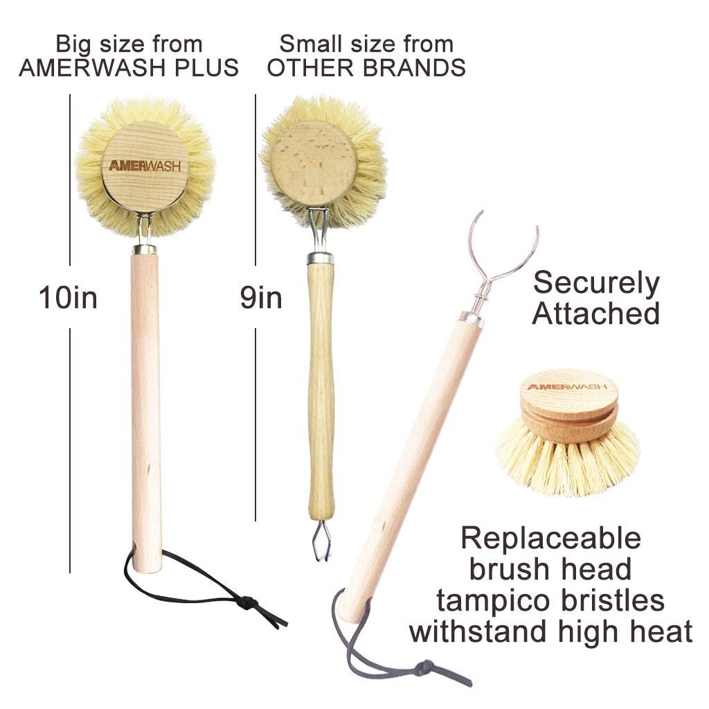 Dish Brush with Wooden Handle Natural Kitchen Brush for Dishes Vegetable Pots
