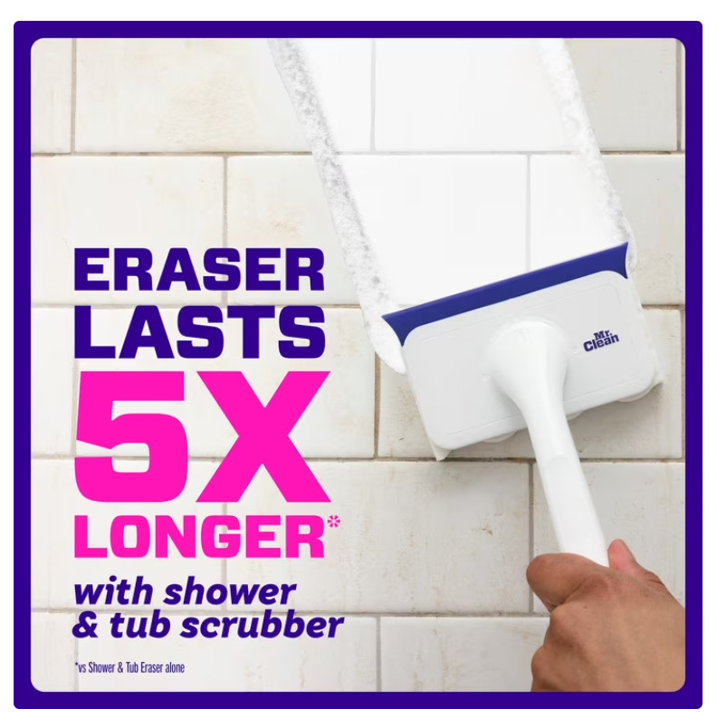 Mr. Clean Magic Eraser Shower & Tub Scrubber, 1 Device + 2 Refills, White