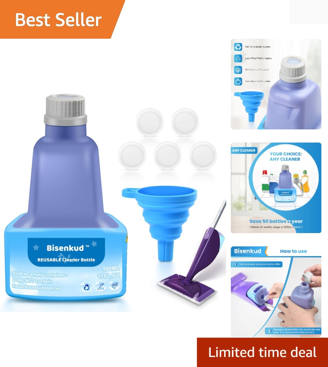 Refillable 17 FL OZ HDPE Cleaning Bottle for Swiffer WetJet – No Spill Design