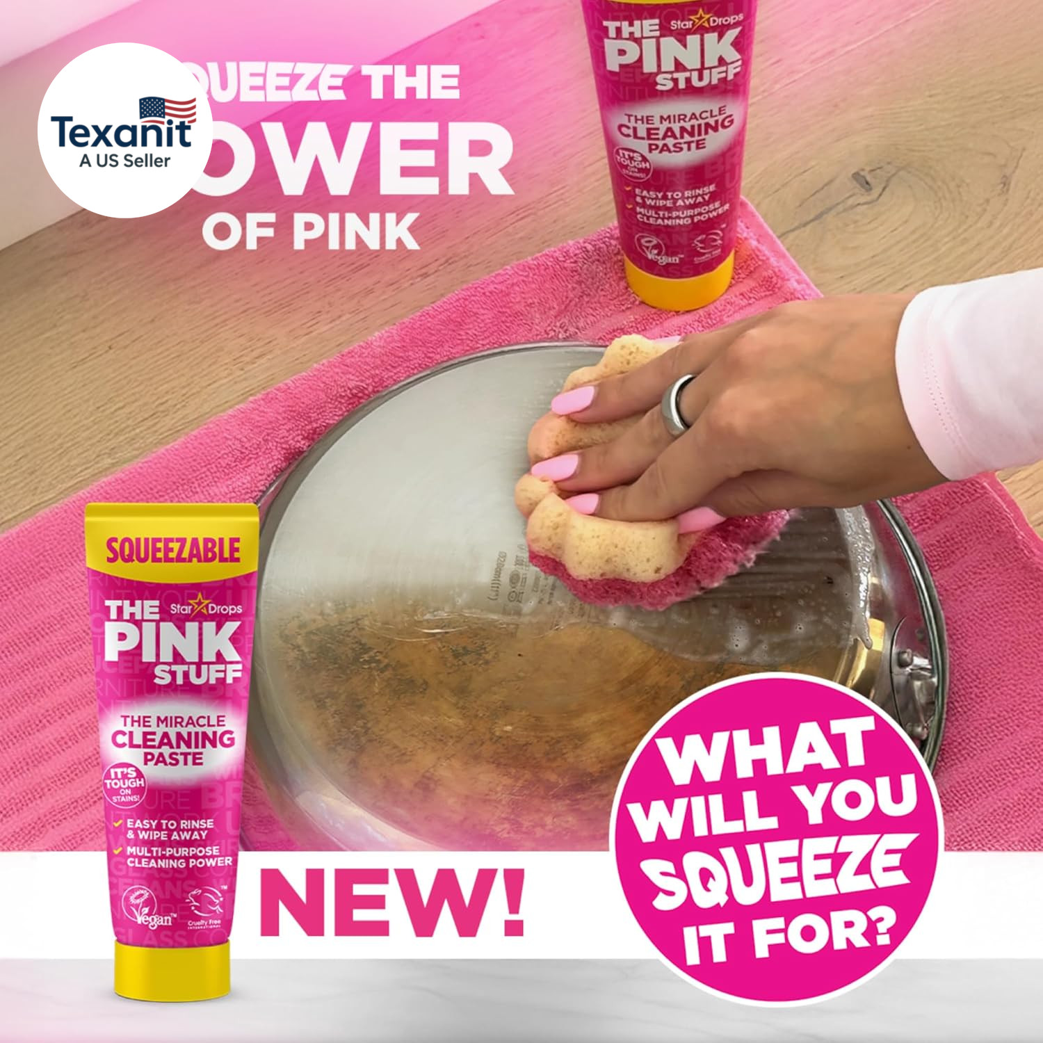 The Pink Stuff Squeezable Cleaning Paste 300G with Sqeezy Scrubber Sponge | Powe