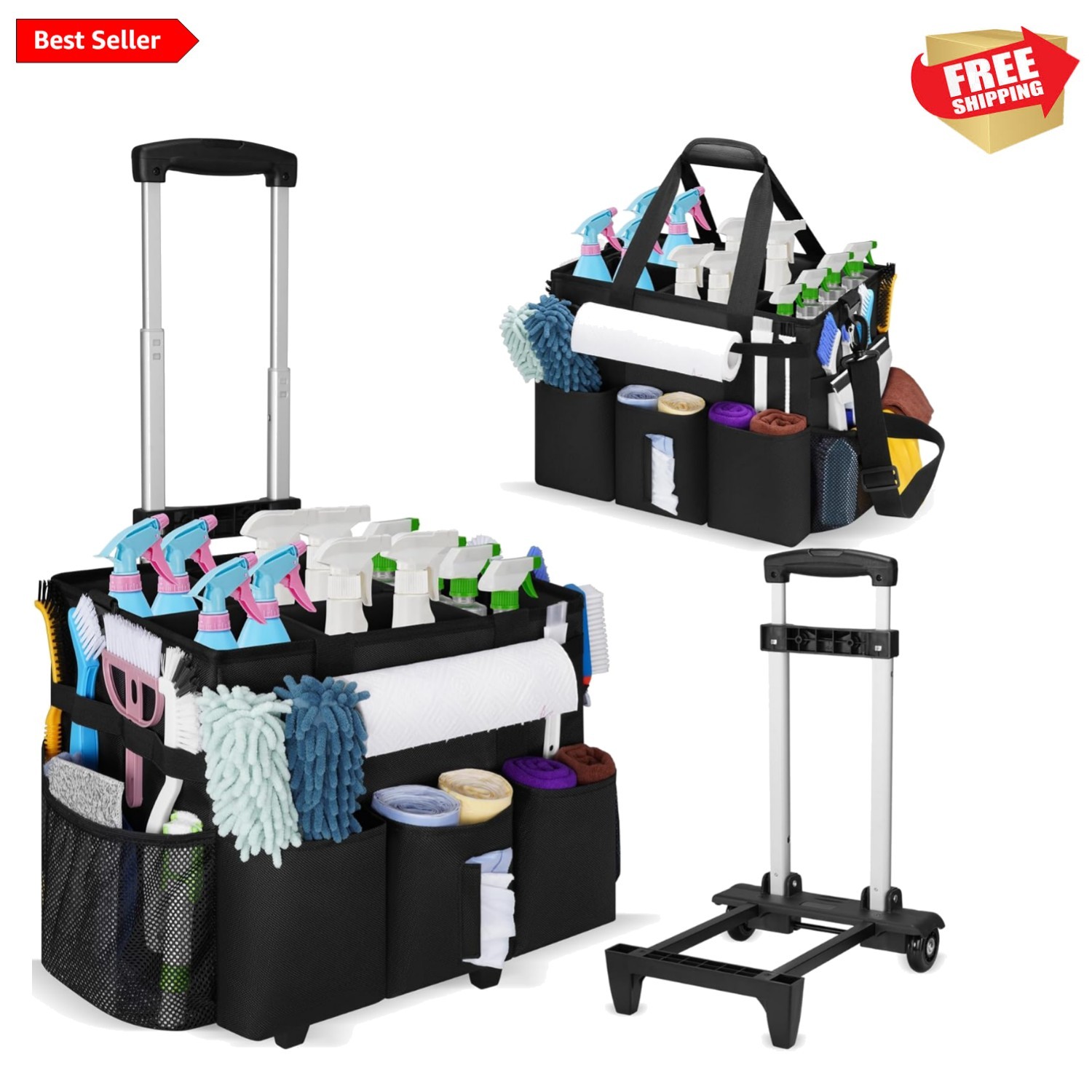 Luxurious Rolling Cleaning Caddy with Detachable Trolley & Water-Resistant Nylon