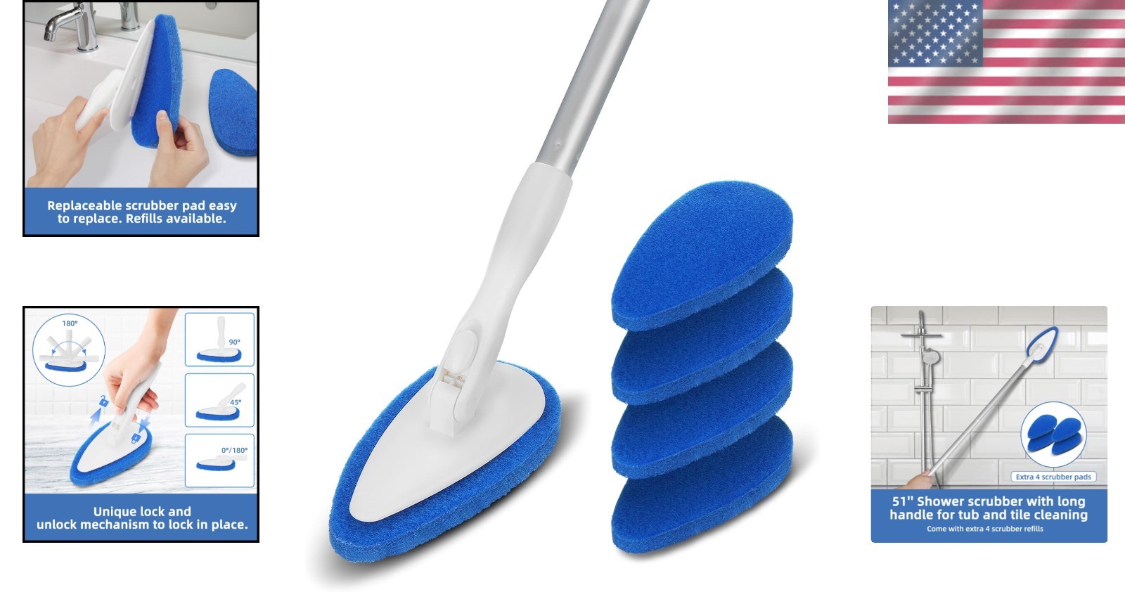 Non-Scratch Bathroom Scrubbing Brush with 5 Refillable Pads – 51-Inch Long