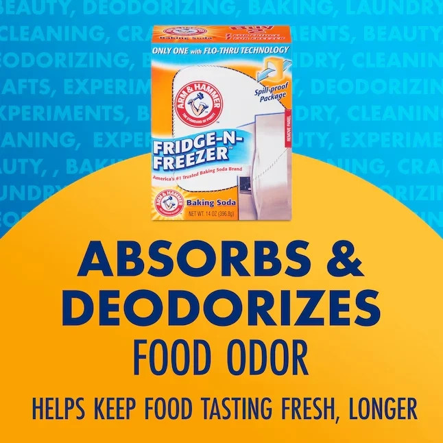 A 4 PACK Arm & Hammer Baking Soda Fridge-n-Freezer Odor Absorber, 14 oz Each box