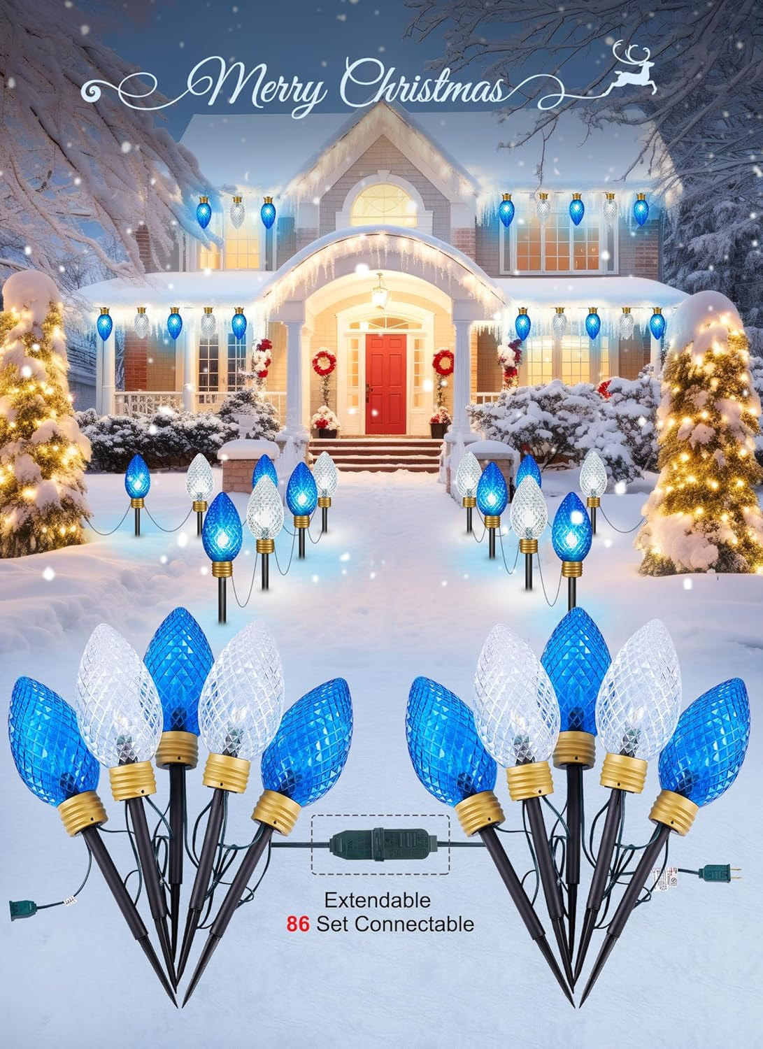 Jumbo C9 Christmas Pathway Lights – 22FT 10 LED Blue & White – 2 Pack
