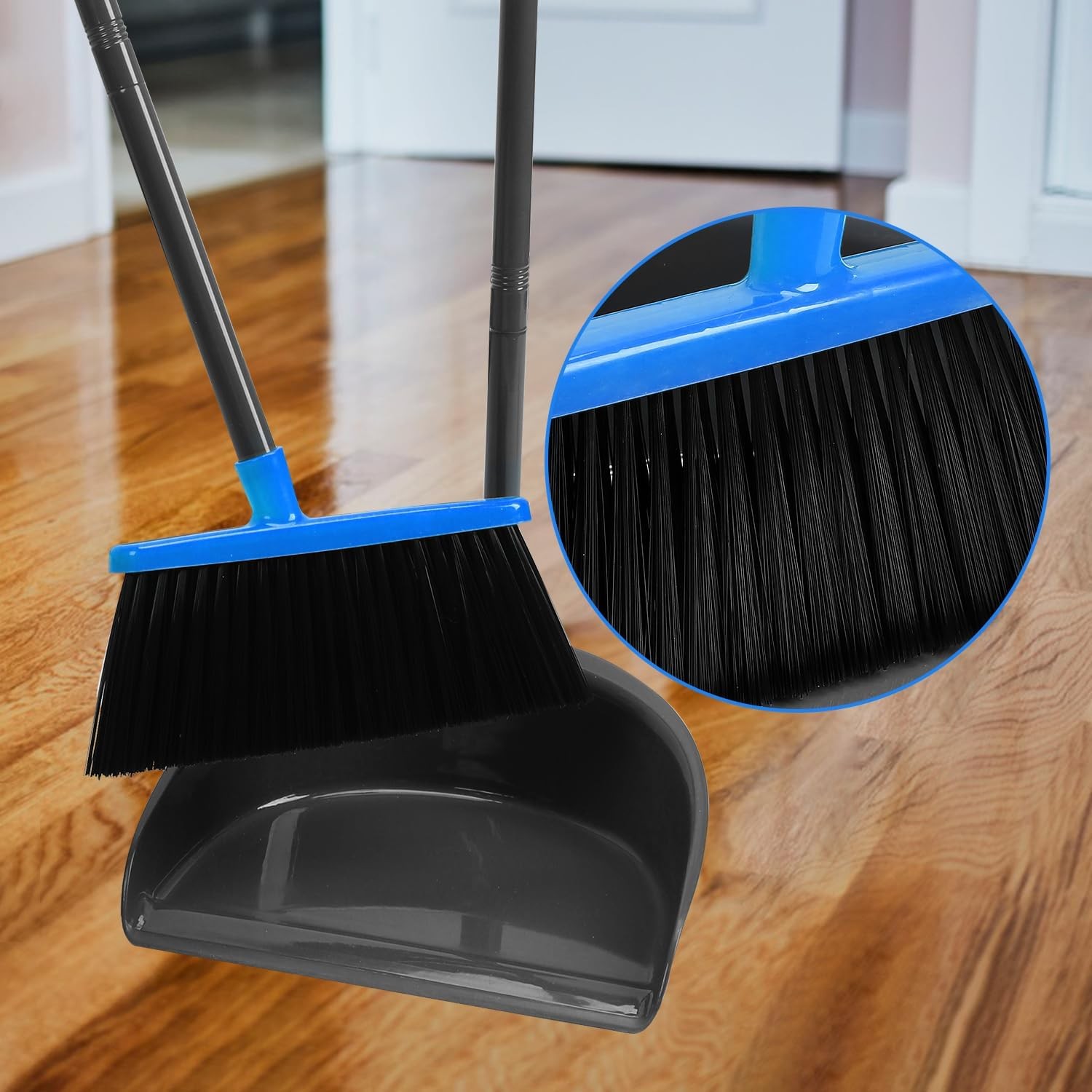 Broom and Dustpan Set ，Long Handle Broom with Upright Standing Dust