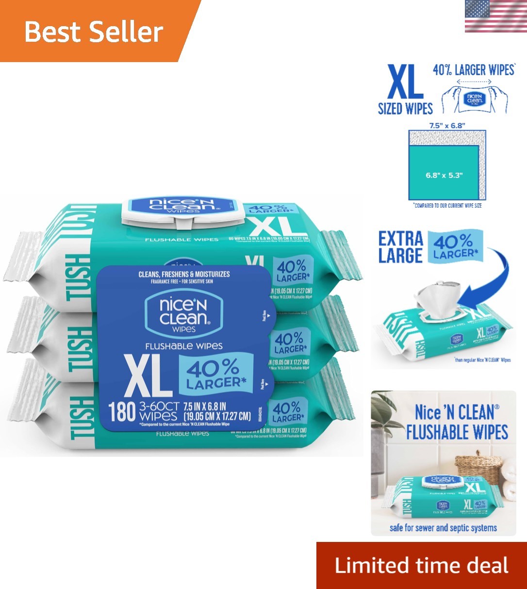 180 Count XL Flushable Wipes – Fragrance-Free & Plant-Based for Sensitive Skin