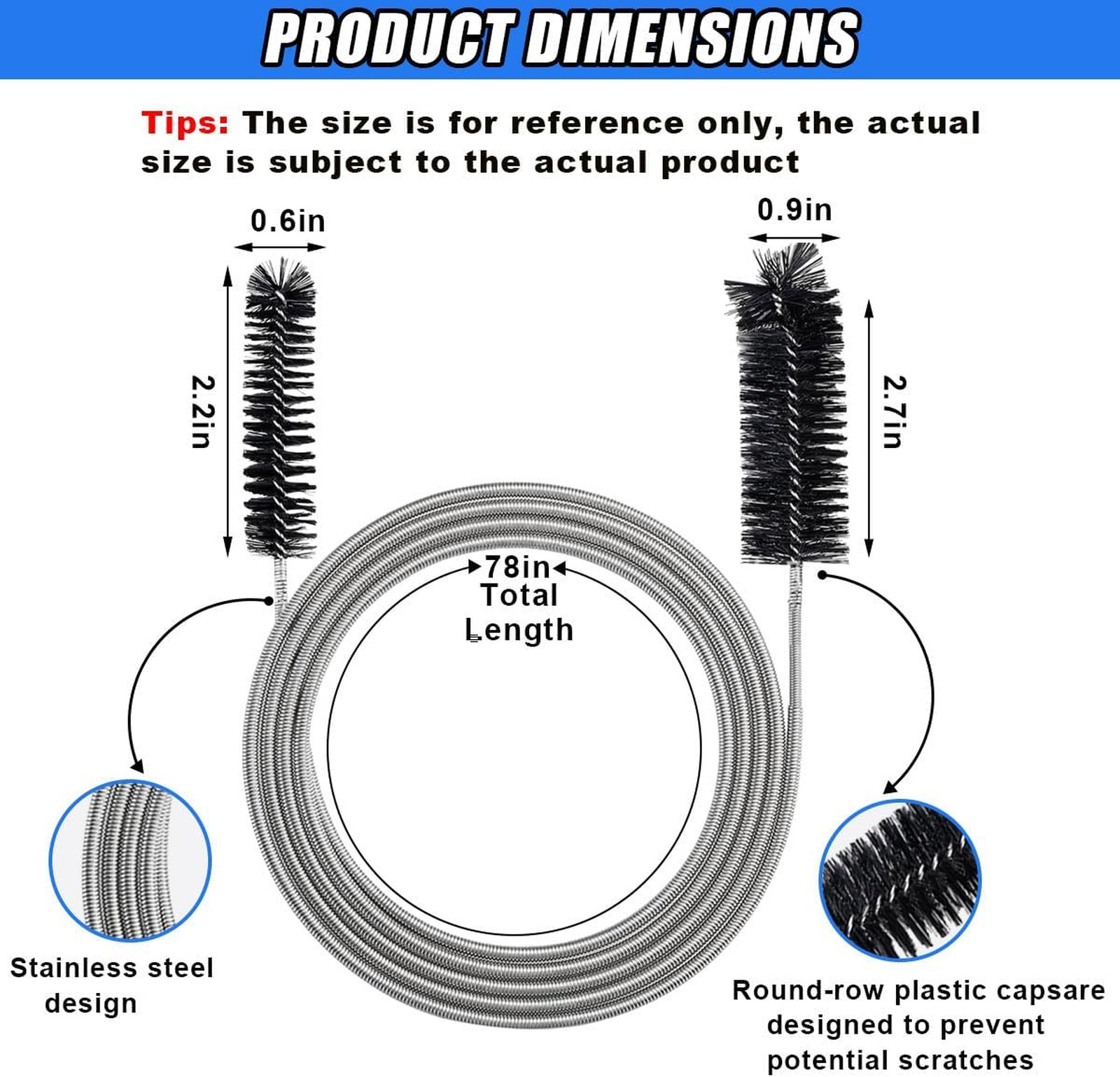 78 Inch Flexible Drain Cleaning Brush Nylon Stainless Steel Long Hose Pipe