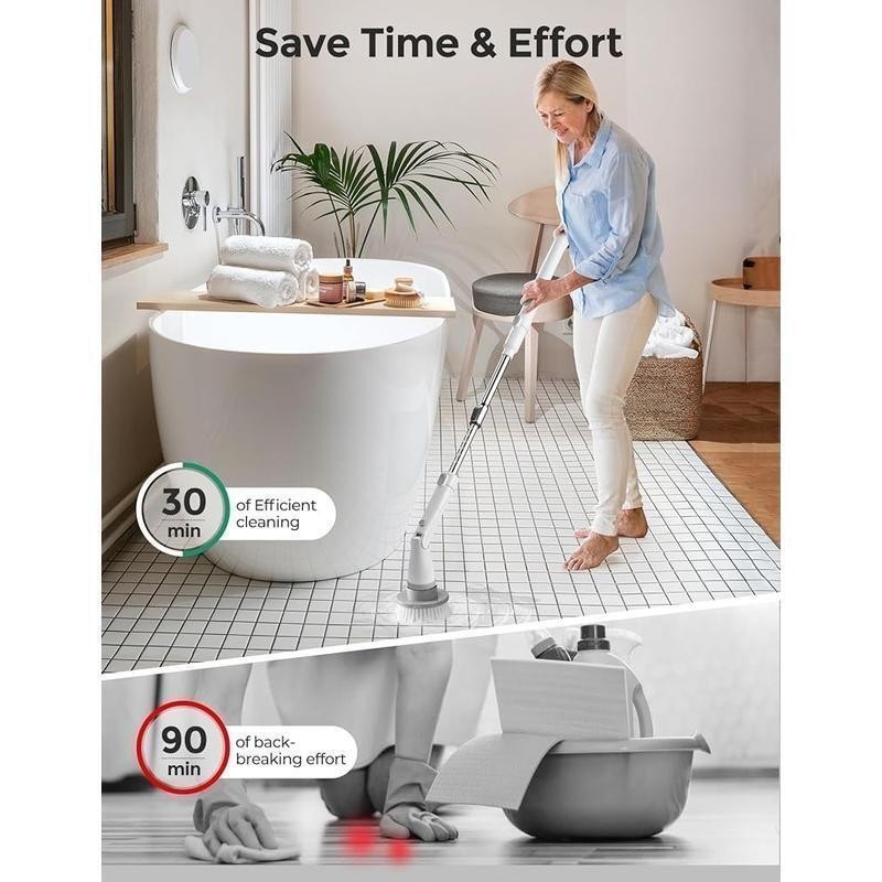 2Speed Electric Spin Scrubber Cordless 8 Heads Adjustable Handle Cleaning Brush