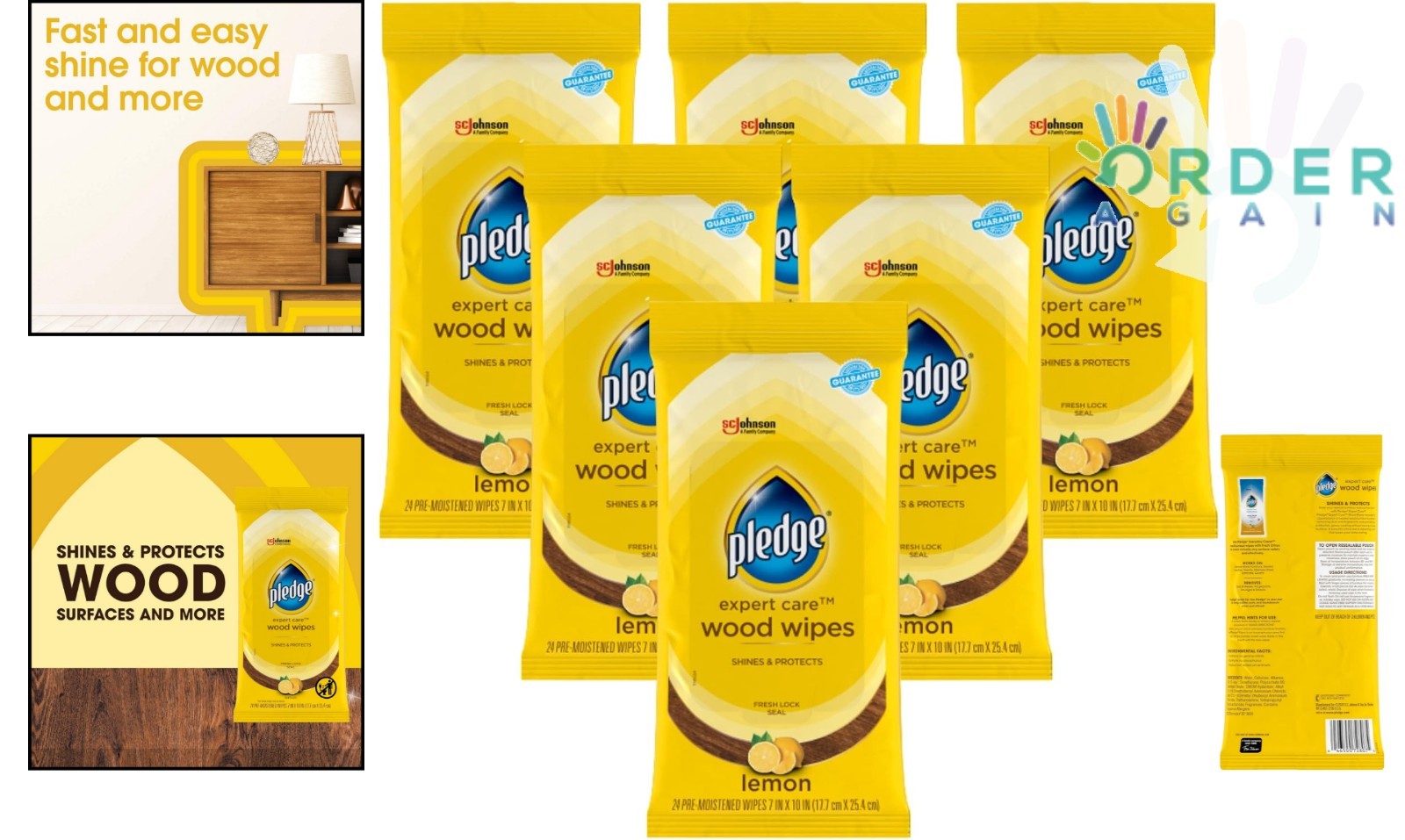 Wood Wipes Lemon Scent 24 Count Pack of 6 Surface Polish and Cleaner