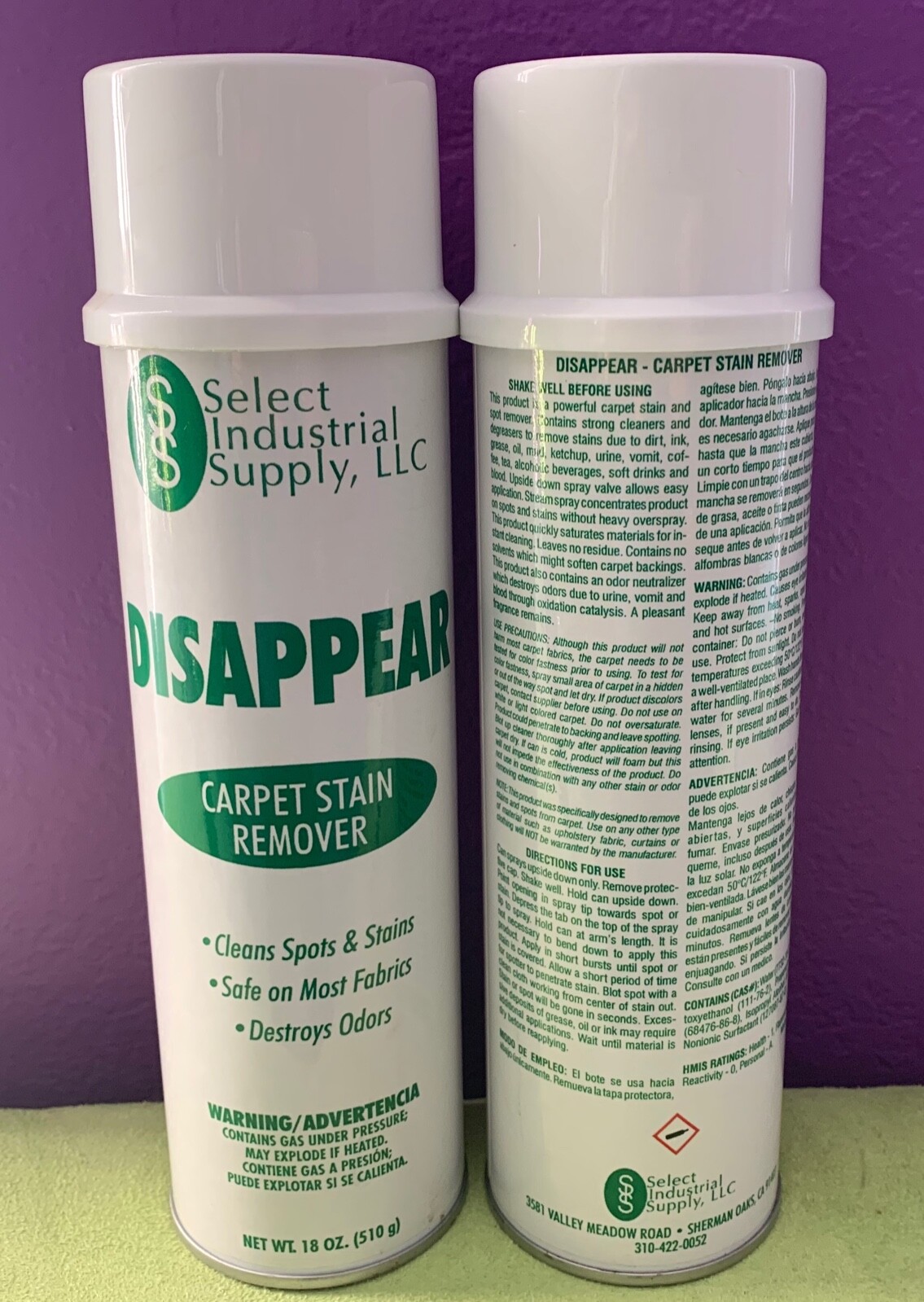2 Cans 18-oz Carpet Cleaner Stain Odor Remover DISAPPEAR Professional Industrial