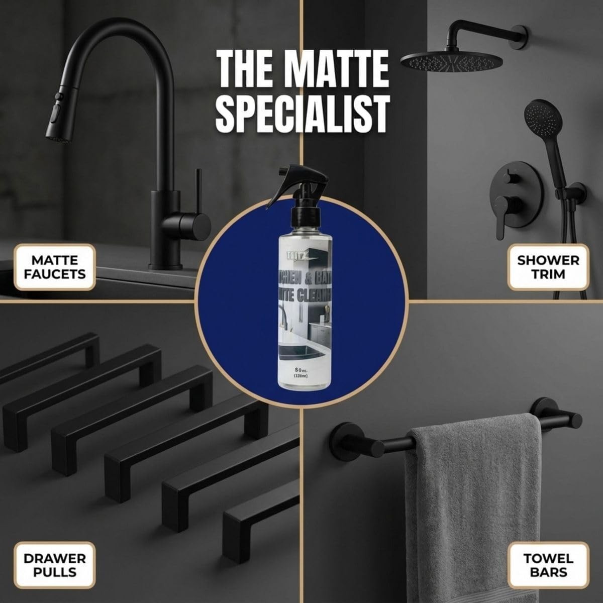 FLITZ Kitchen & Bath Matte Cleaner – 8oz /236ml USA-Made Water-Based Cleaning