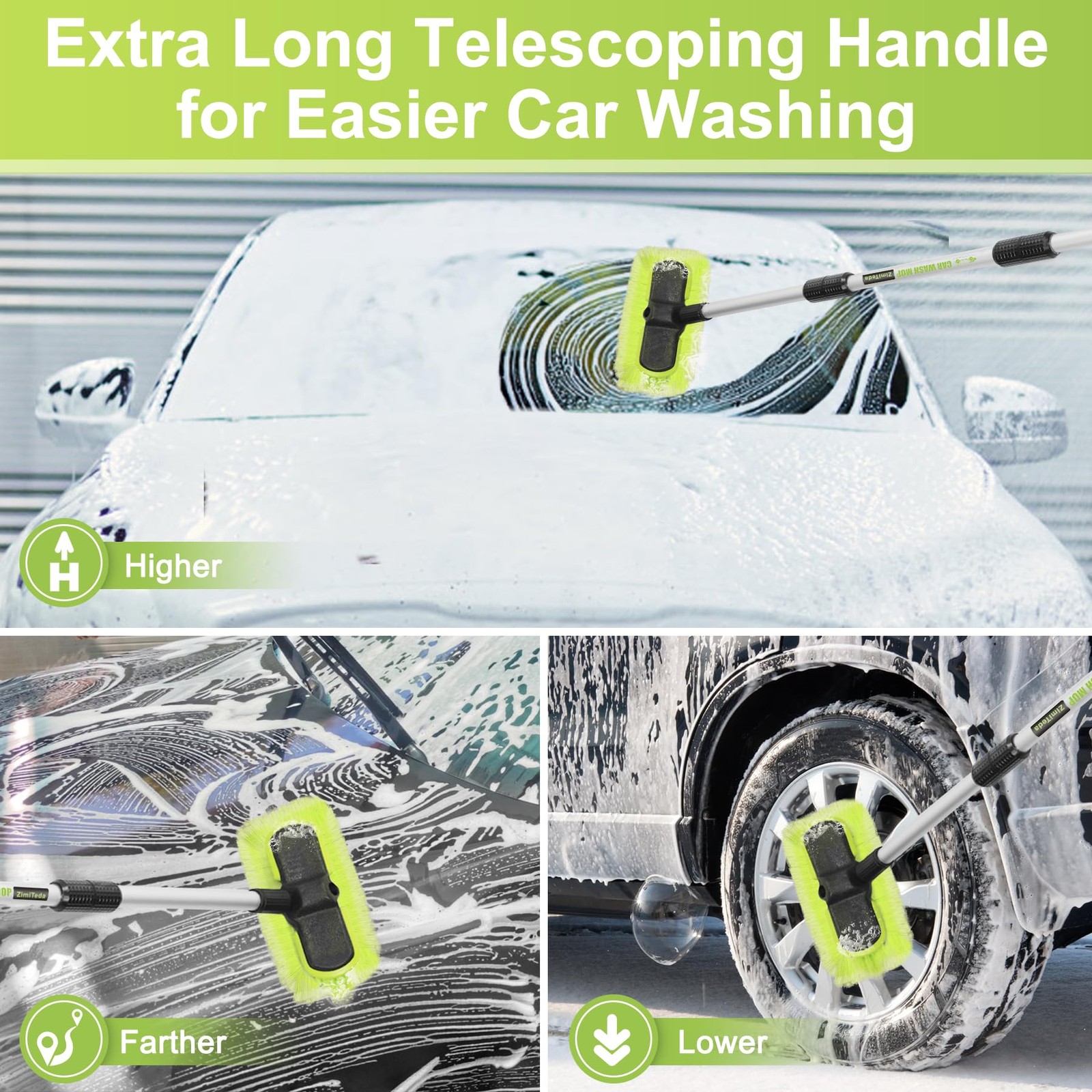 65”165cm Car Wash Brush Long Handle Soft Bristle Scrub Cleaning Mop with 4 Ha…