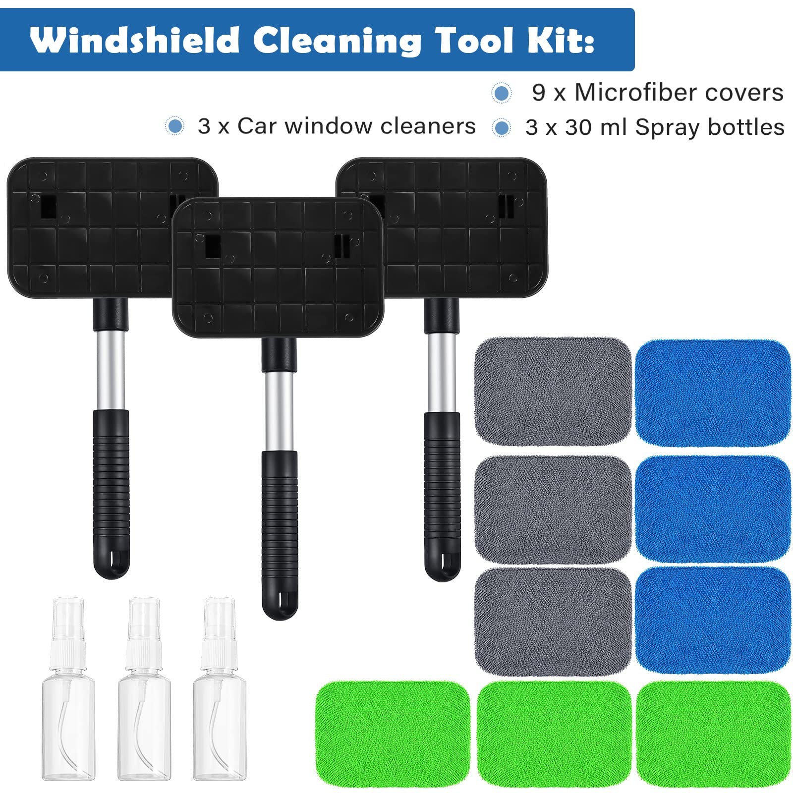3 Set Windshield Cleaner Tool Car Window Cleaner with Microfiber Pads