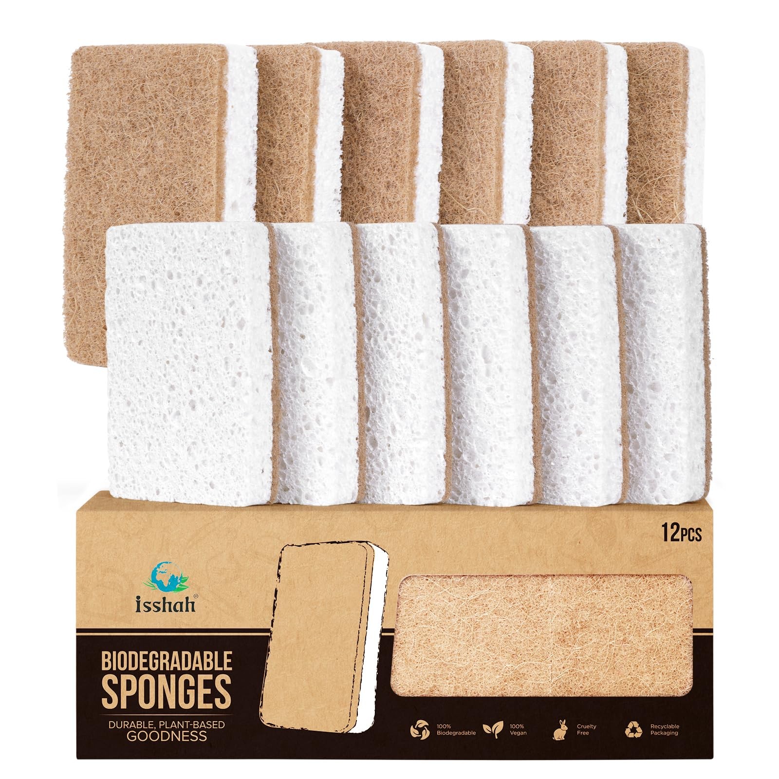 Isshah Plant-Based Kitchen Sponges, Eco-Friendly Sisal Hemp Scrubbers, 12 Count