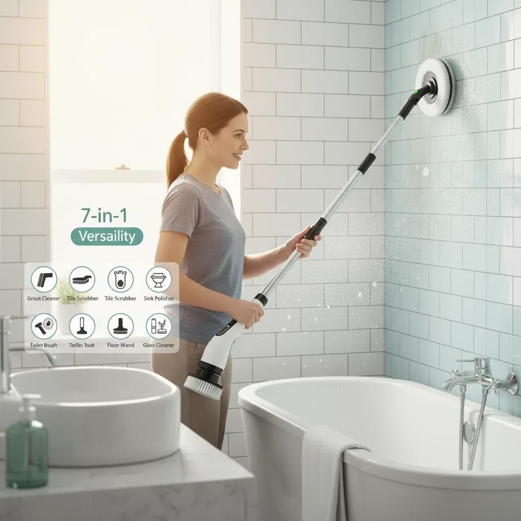 Cordless Electric Spin Scrubber – IPX7 Waterproof, LCD Display, 8 Brush Heads…