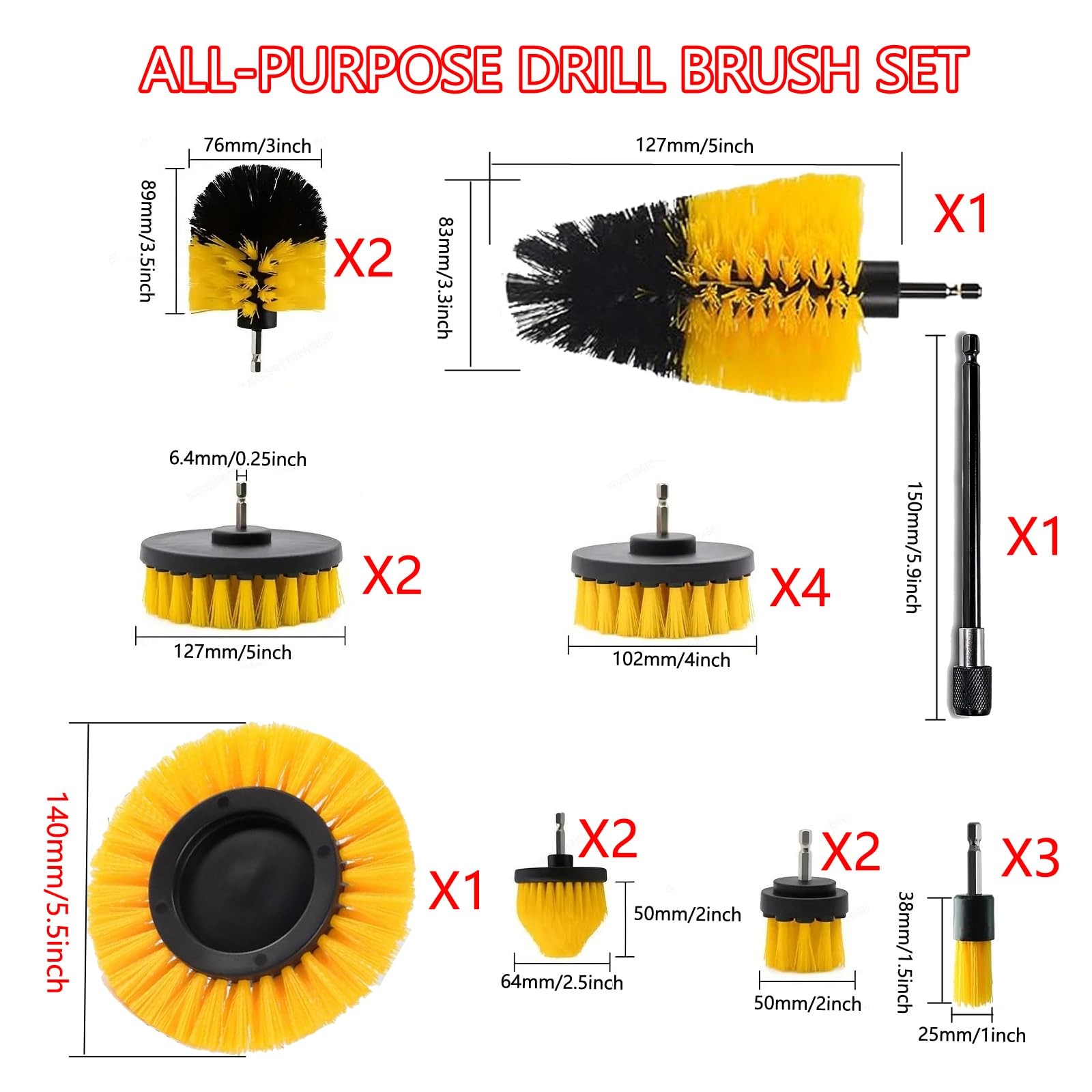 -Pack Drill Brush Power Scrubber Set, Long Attachment for Bathroom, Car, Tile