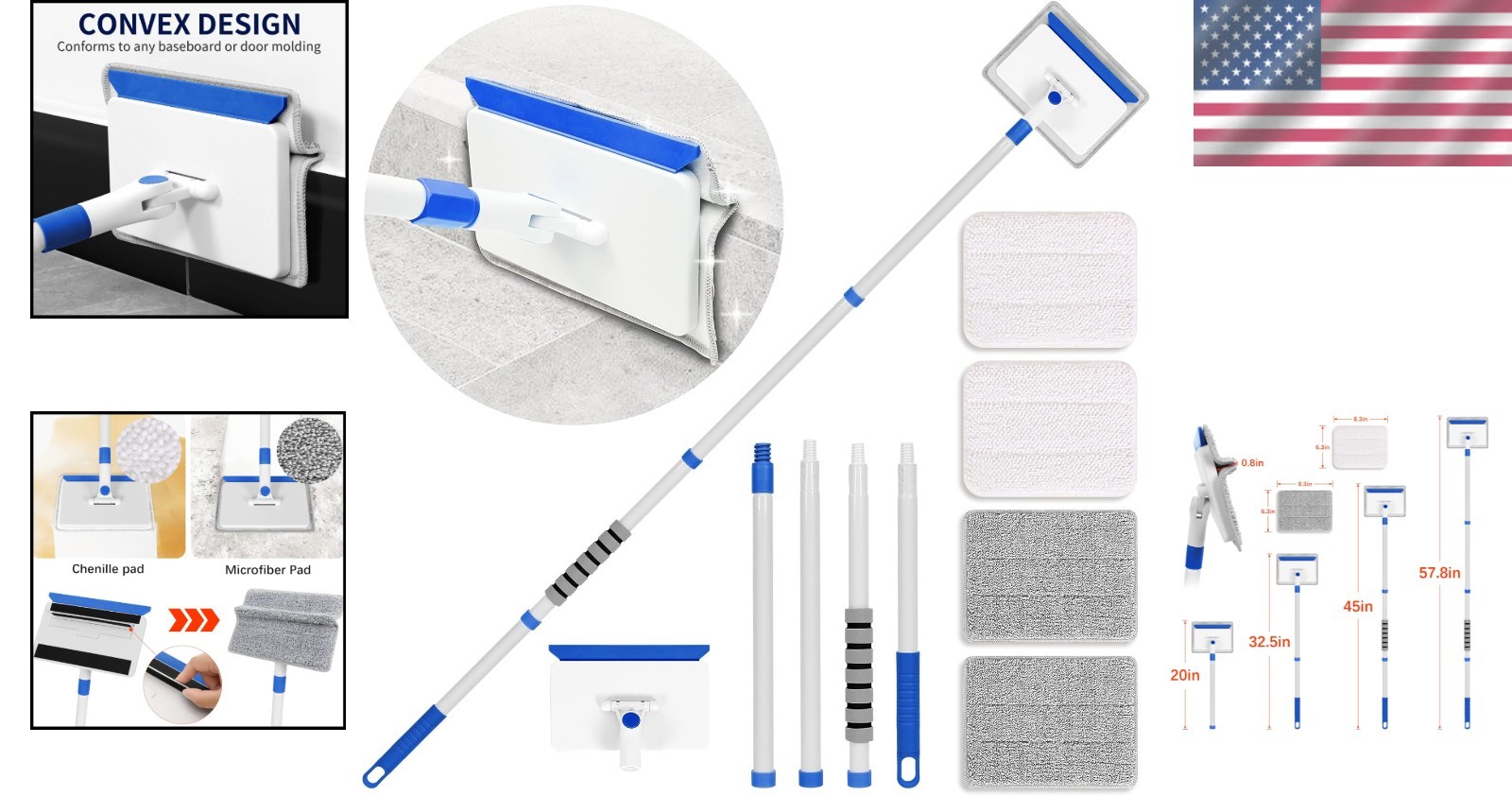Long Baseboard and Wall Cleaner with 4 Eco-Friendly Reusable Cleaning Pads