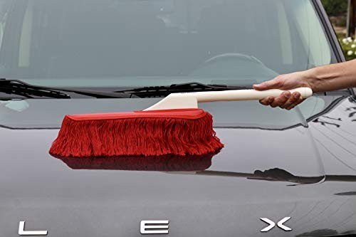 “Car Duster with Plastic Handle & Red Cotton Mop – Quickly Removes Dust & Dirt”
