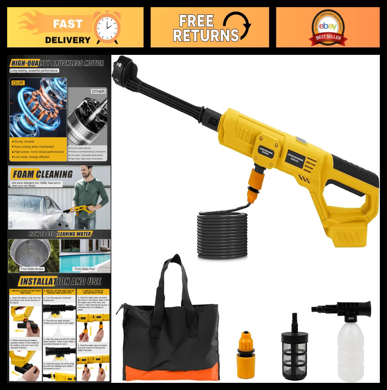 Cordless 20V Cleaning Tool, 21000RPM with 6-in-1 Nozzle & Foam Cannon for Car, F