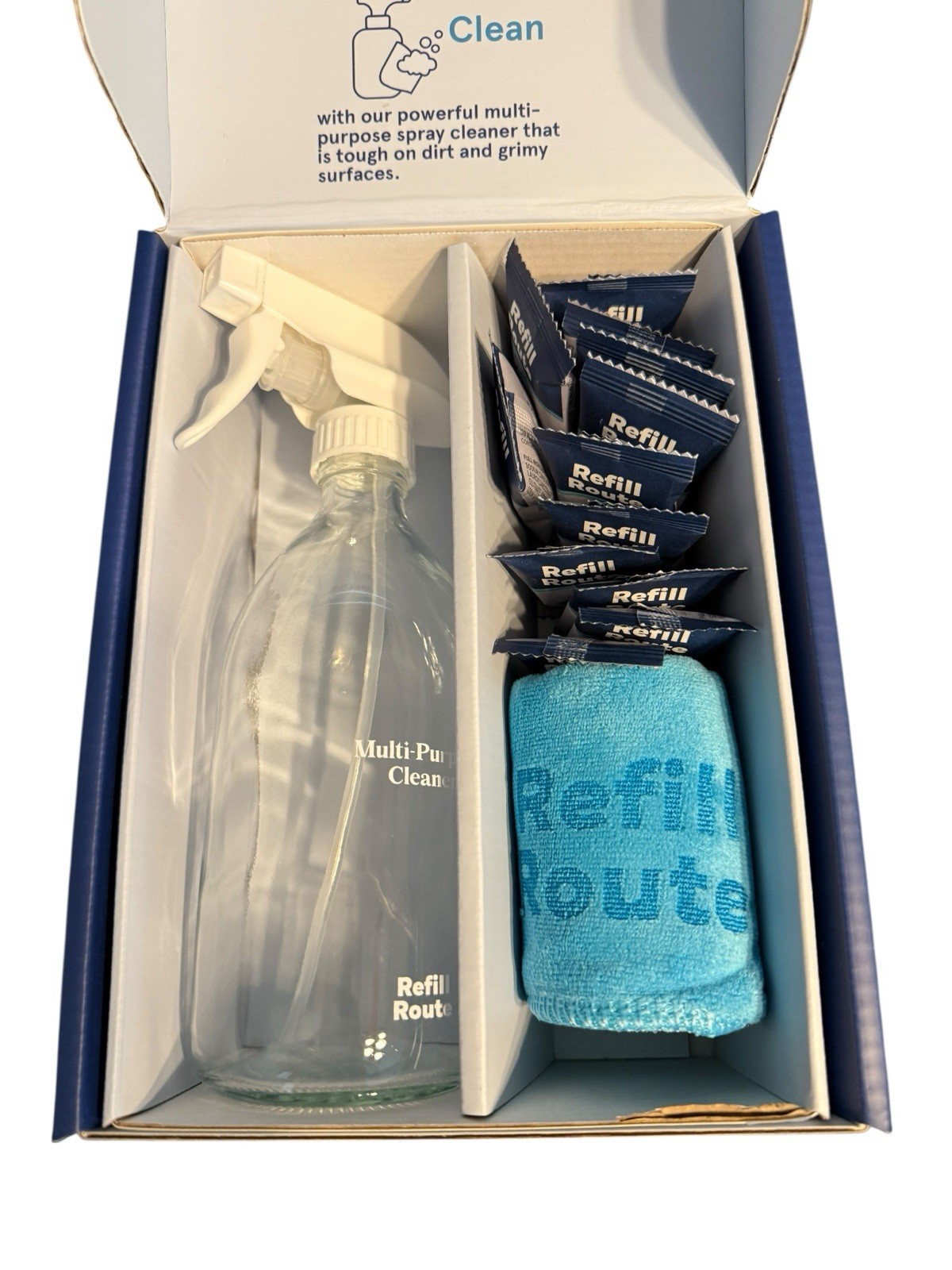 Multi-Purpose Cleaner/Degreaser Kit, Glass Spray Bottle, Towels + 12 Refill Tabs