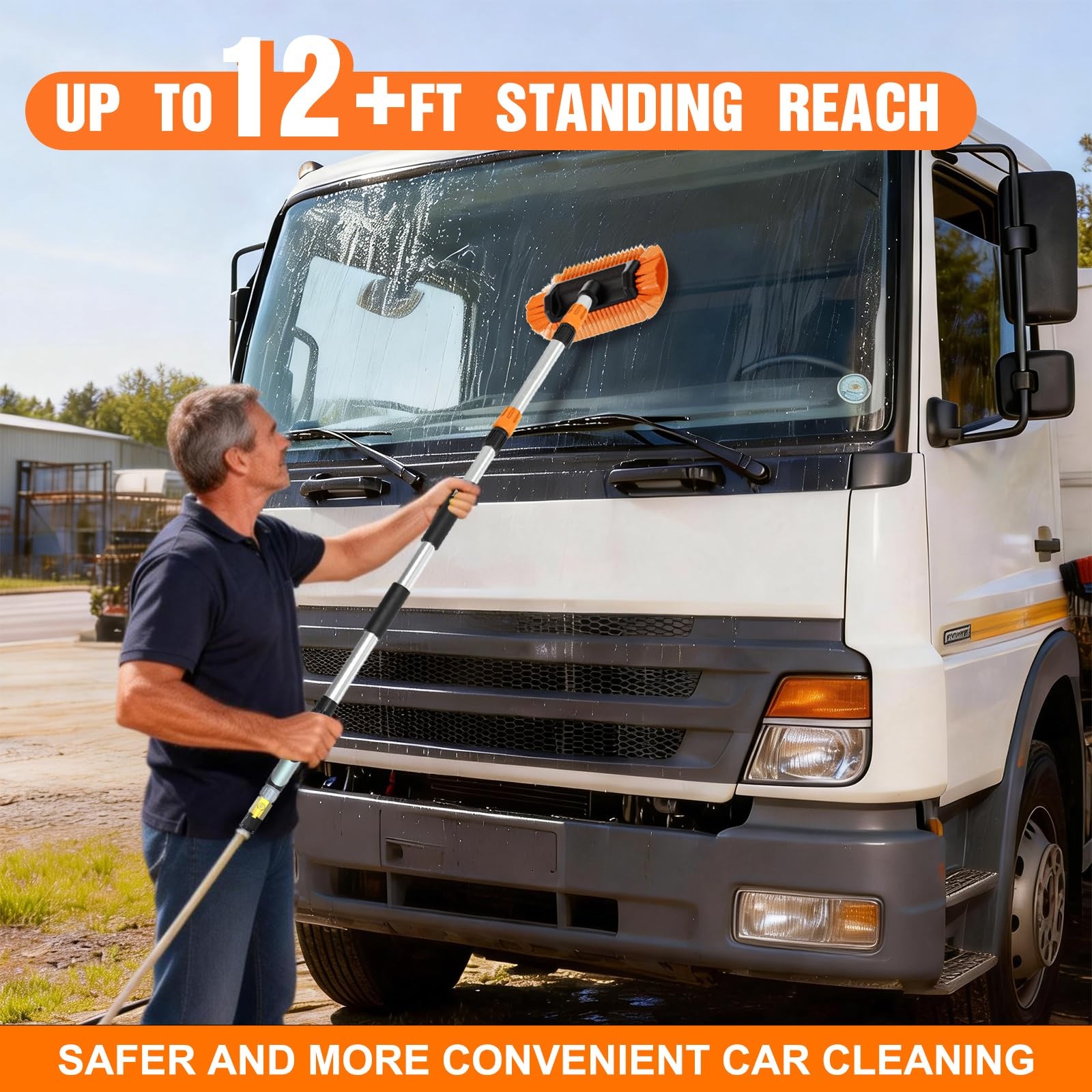 12FT Car Wash Brush with Long Handle, Soap Dispenser & Soft Bristle for Vehicles