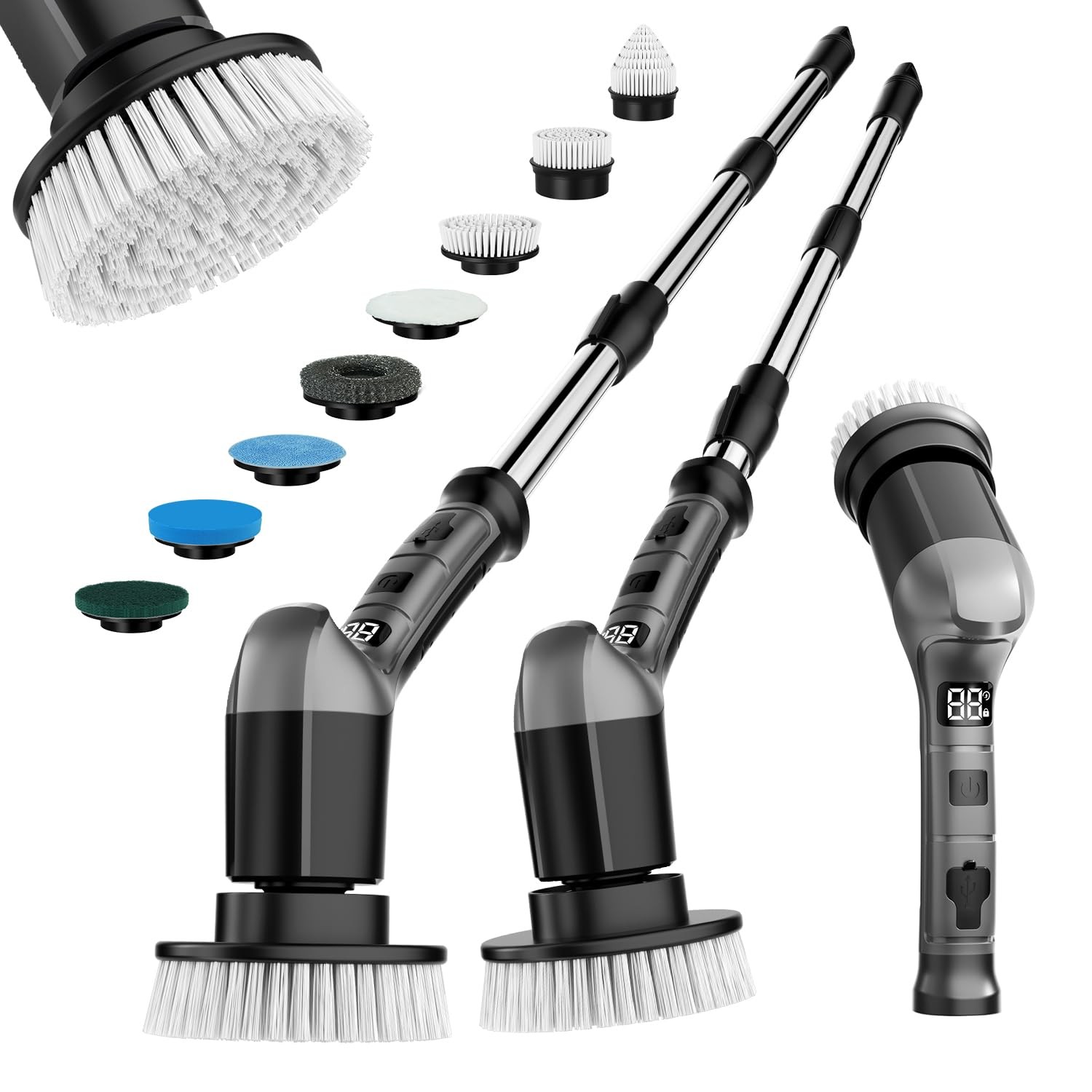 Electric Spin Scrubber with 3 Speed, Adjustable Extension Handle, 8 Brush Hea…