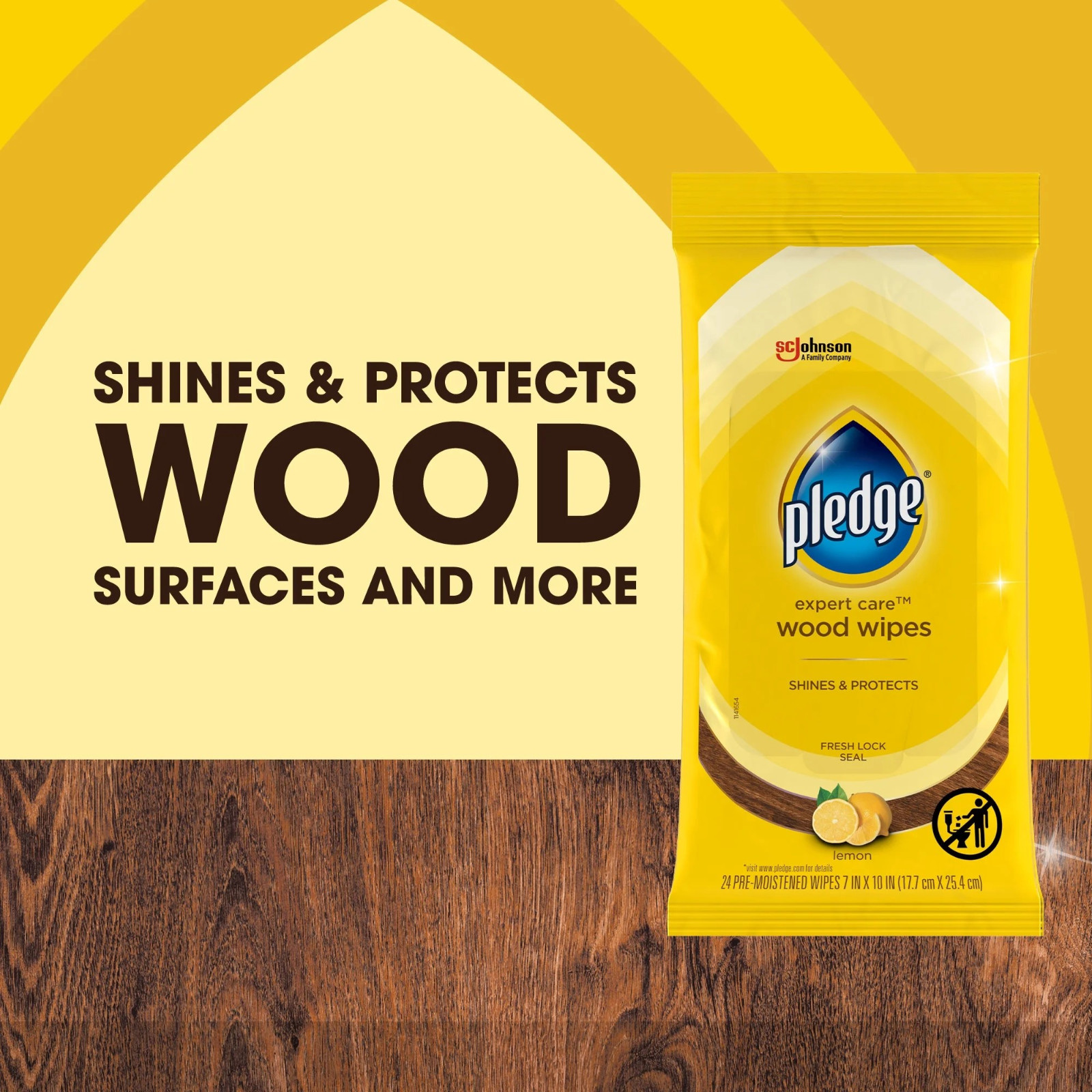 Pledge Expert Care Enhancing Wood Wipes, Lemon Scent, 24 Count 6 Pack