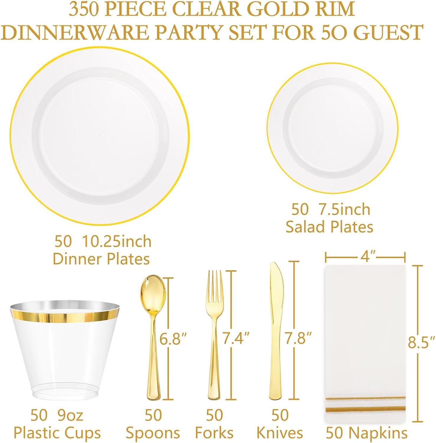 SUT 350Pcs Plastic Dinnerware Set for 50 Guests, Clear and Gold Plastic Plates
