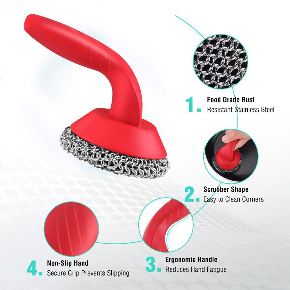 HAUSHOF Cast Iron Scrubber with Long Handle Kitchen Cleaning Kit for Grill Dutch