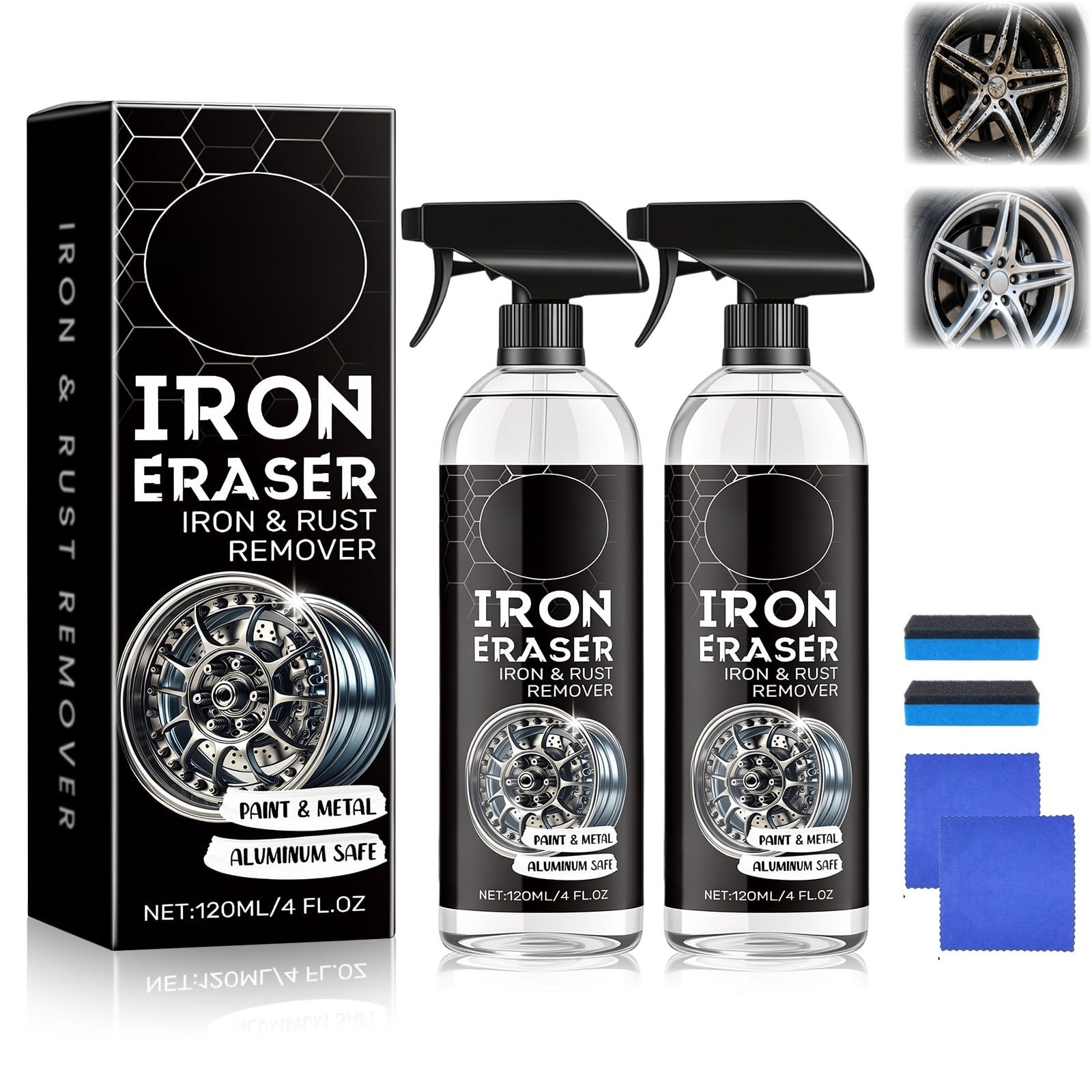 2PCS Fast Acting Iron Eraser Rust Remover Spray for Car Wheels & Paint, Brake Du