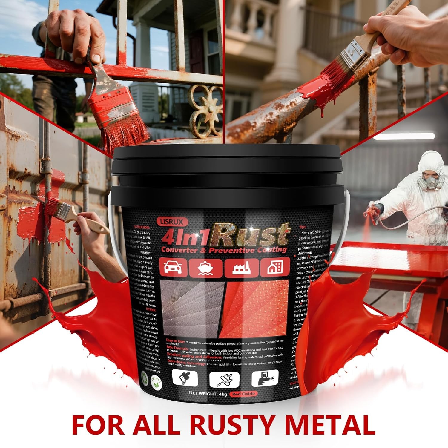 LISRUX 4 in 1 Rust Converter & Metal Primer, Red Rust Inhibitor Paint For Metal