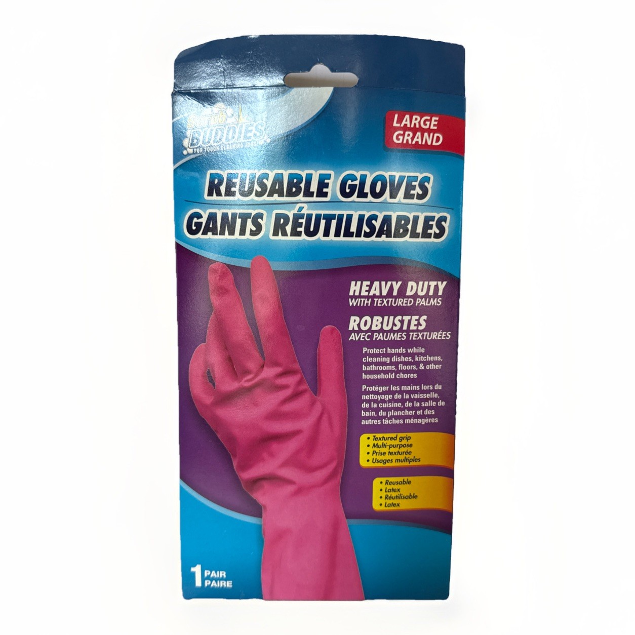 Scrub Buddies Pink Reusable Latex Gloves Heavy Duty Size Large 1 Pair Pack New