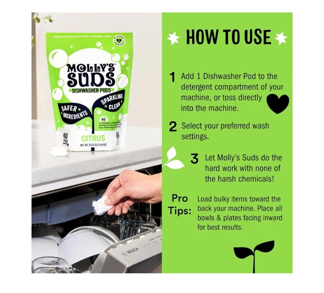 Molly’s Suds Dishwasher Pods Citrus 120 Safer Ingredients Vegan Cruelty-Free