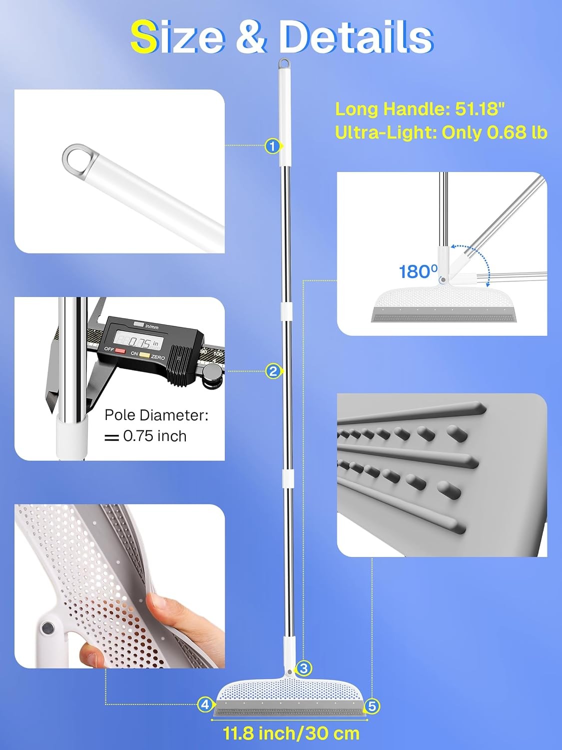 Silicone Floor Squeegee, 180° Rotating Air Broom, Squeegee for Floor with a Long