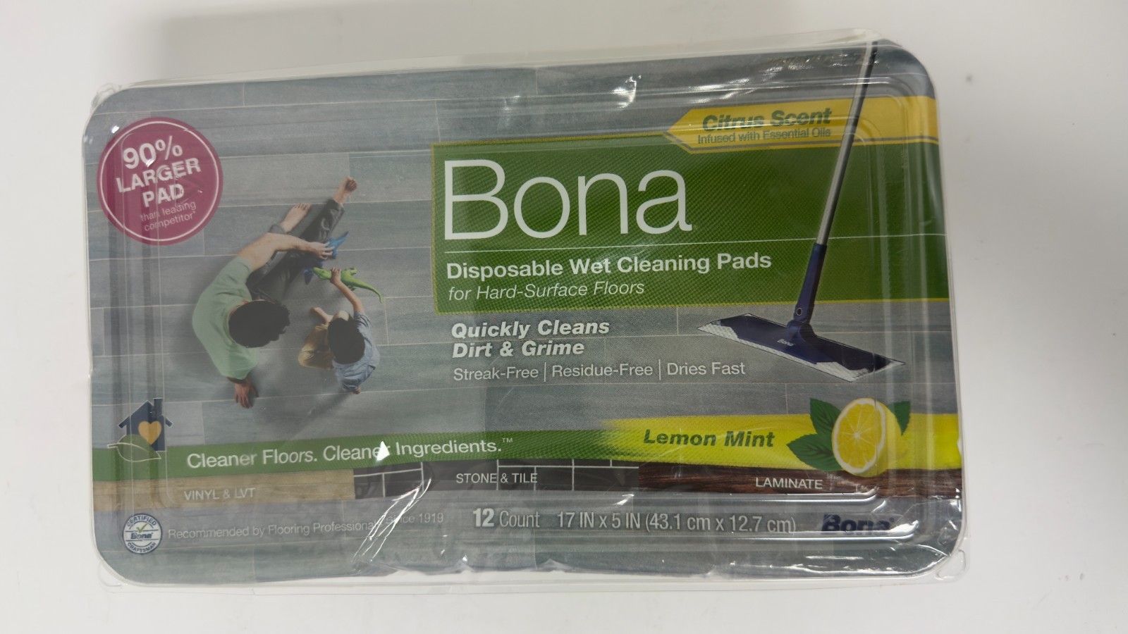 Bona® Disposable Wet Cleaning Pads for Hard-Surface Floors, Lemon Mint Scent 12