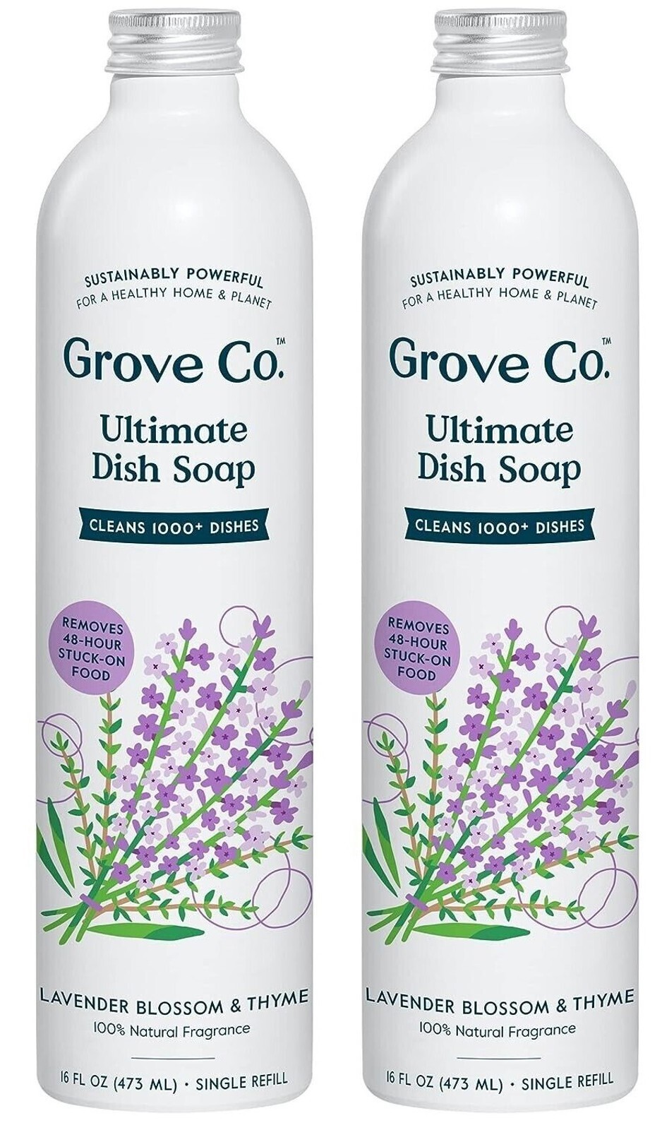 2 x Grove Co Ultimate Dish Soap REFILLS Aluminum Bottle Lavender & Thyme 16 oz