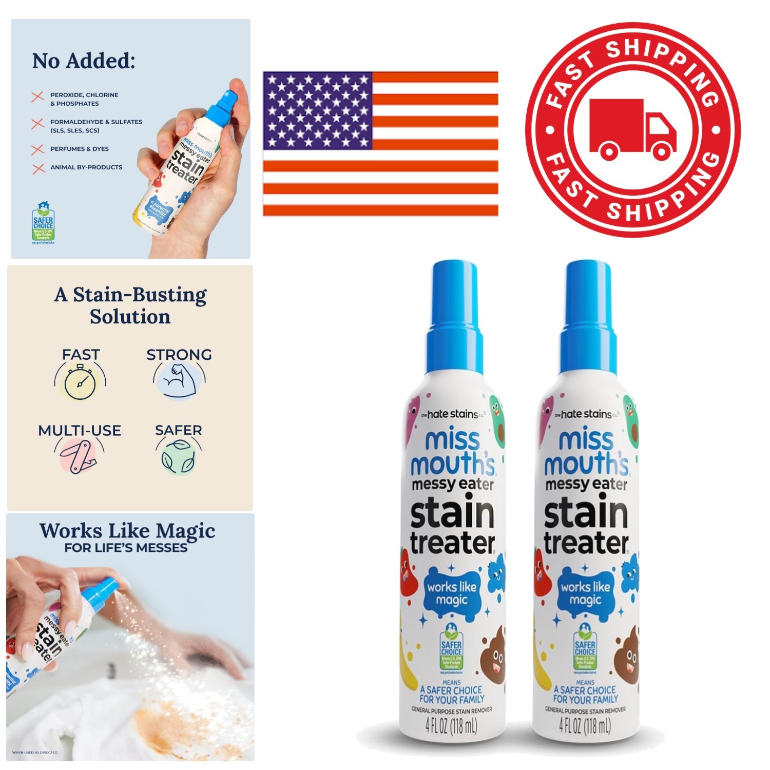 Concentrated Stain Treater Spray 4oz 2 Pack Effective on Fresh and Set In Stains