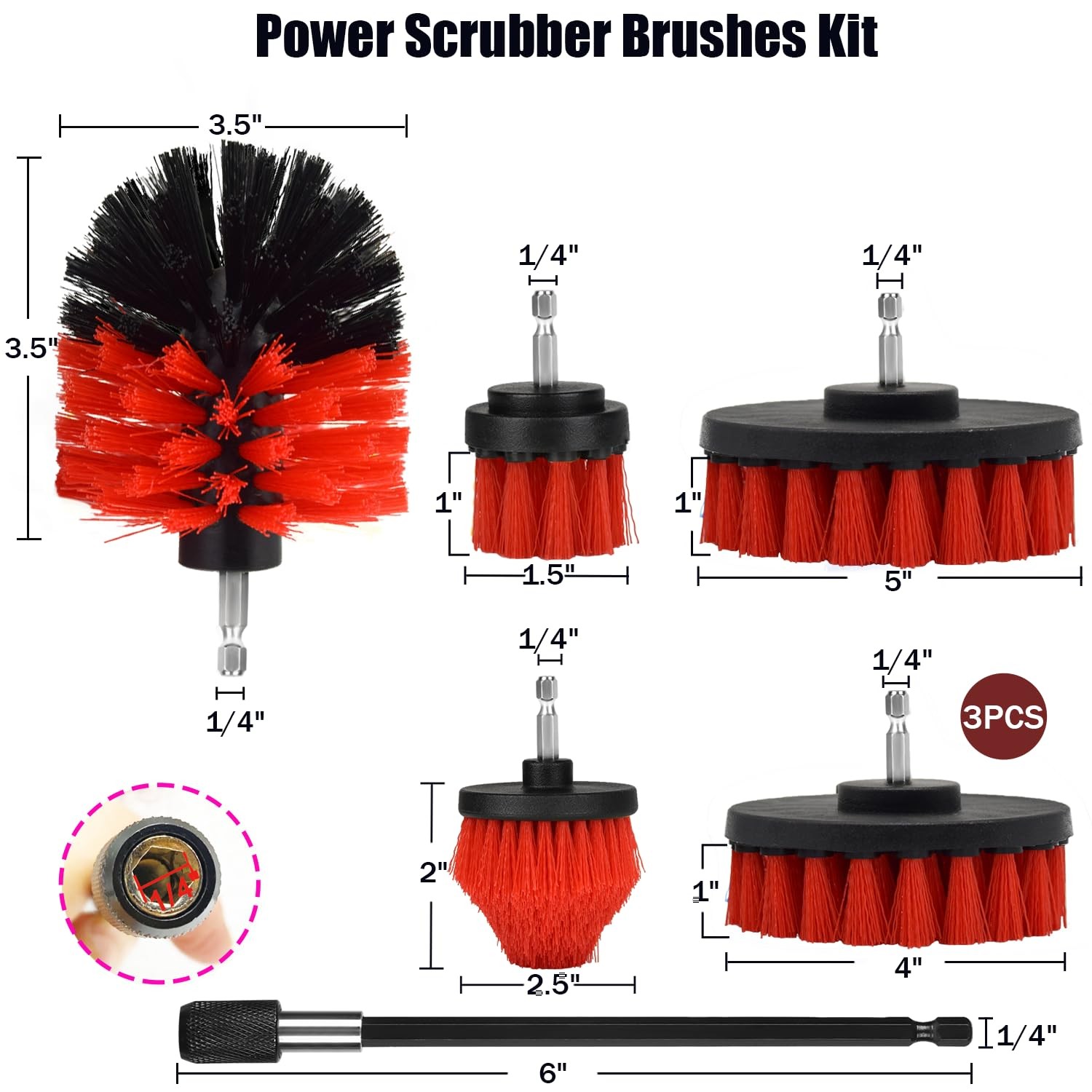 Drill Brush Attachment Set, 7 Pack 1/4in Power Scrubber Brush + Extend Long R