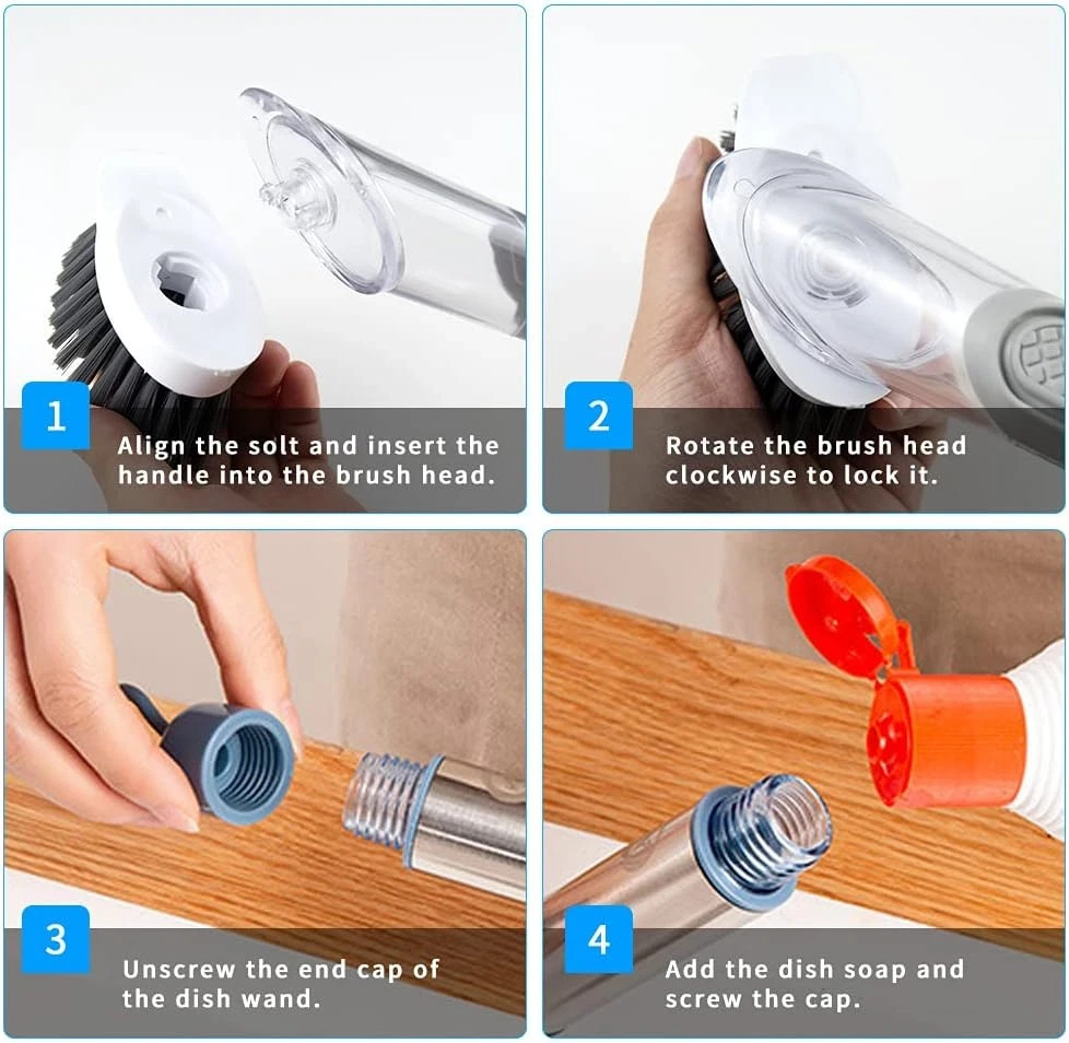 4-In-1 Dish Cleaning Brush Soap Dispensing Dish Brush Set with 4 Replacement Hea