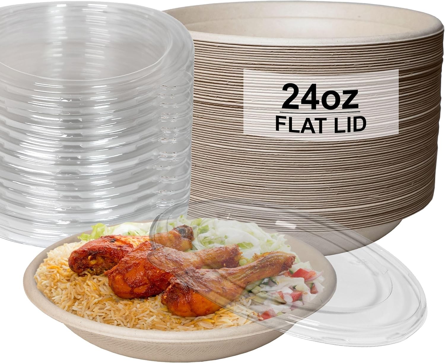 EcoQuality 100 Count 24oz Round Disposable Bowls with Microwavable Lids Natura