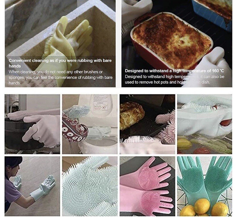 JWQ Dishwashing Silicone Scrubber Gloves with Bristles 2 Pairs
