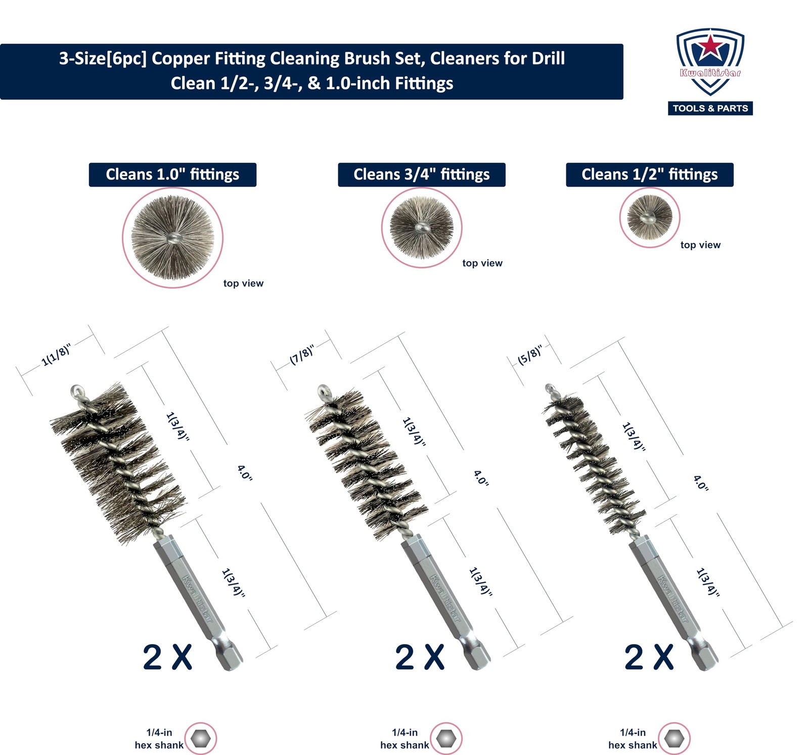 3-Size[6pc] Fitting Cleaning Brush Set (1/2, 3/4, 1.0-inch) Copper Pipe Cleaner